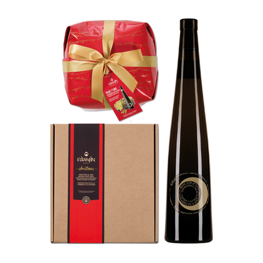 Relanghe Panettone & Moscato in Geschenksbox  (1x Panettone Moscato Flavoured 1 KG + 1x Moscato d`asti Ceretto 750 ml) Relanghe