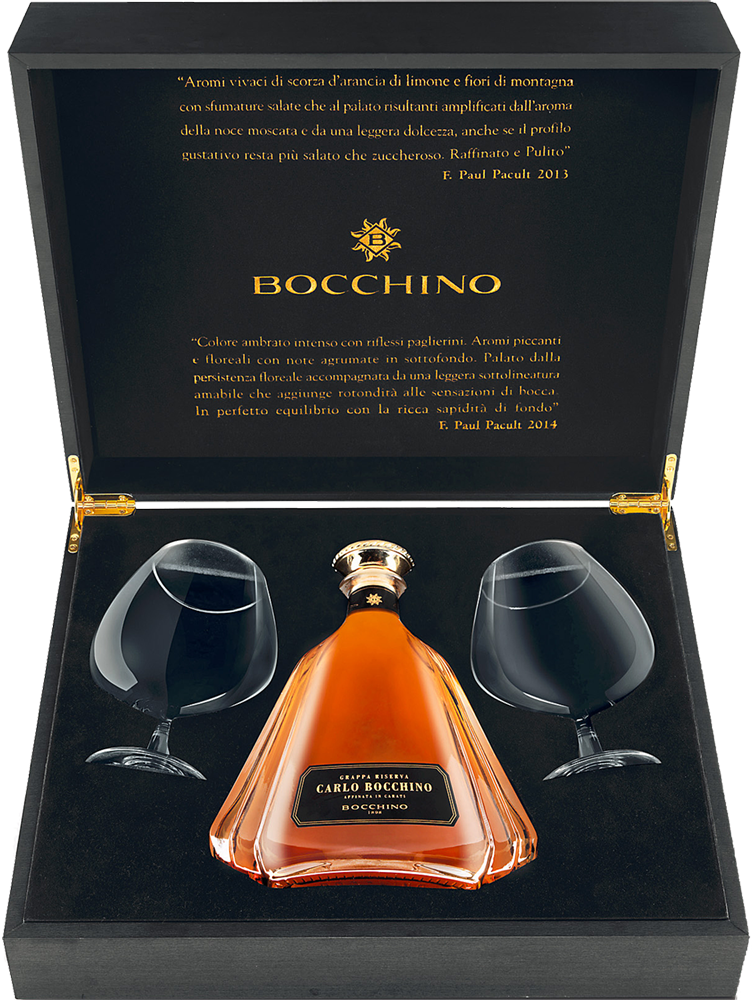 Grappa Riserva Carlo Bocchino in Geschenkbox mit 2 Cognac Gläser Distilleria Bocchino